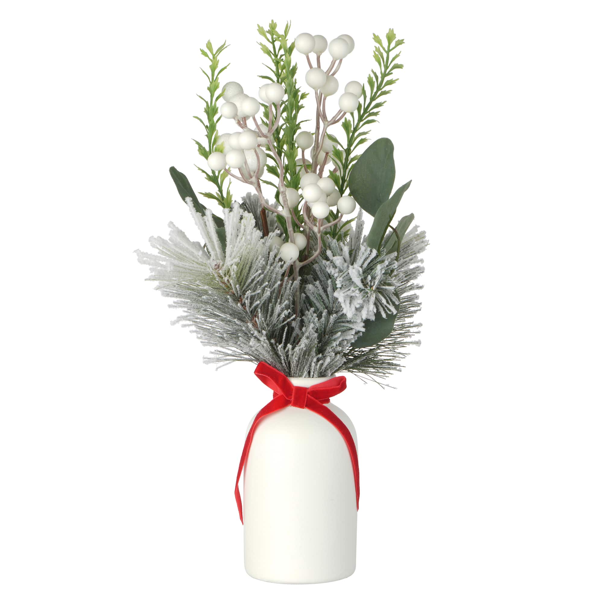 16.25" Snowy Greenery & White Berry Arrangement in White Ceramic Vase by Ashland®